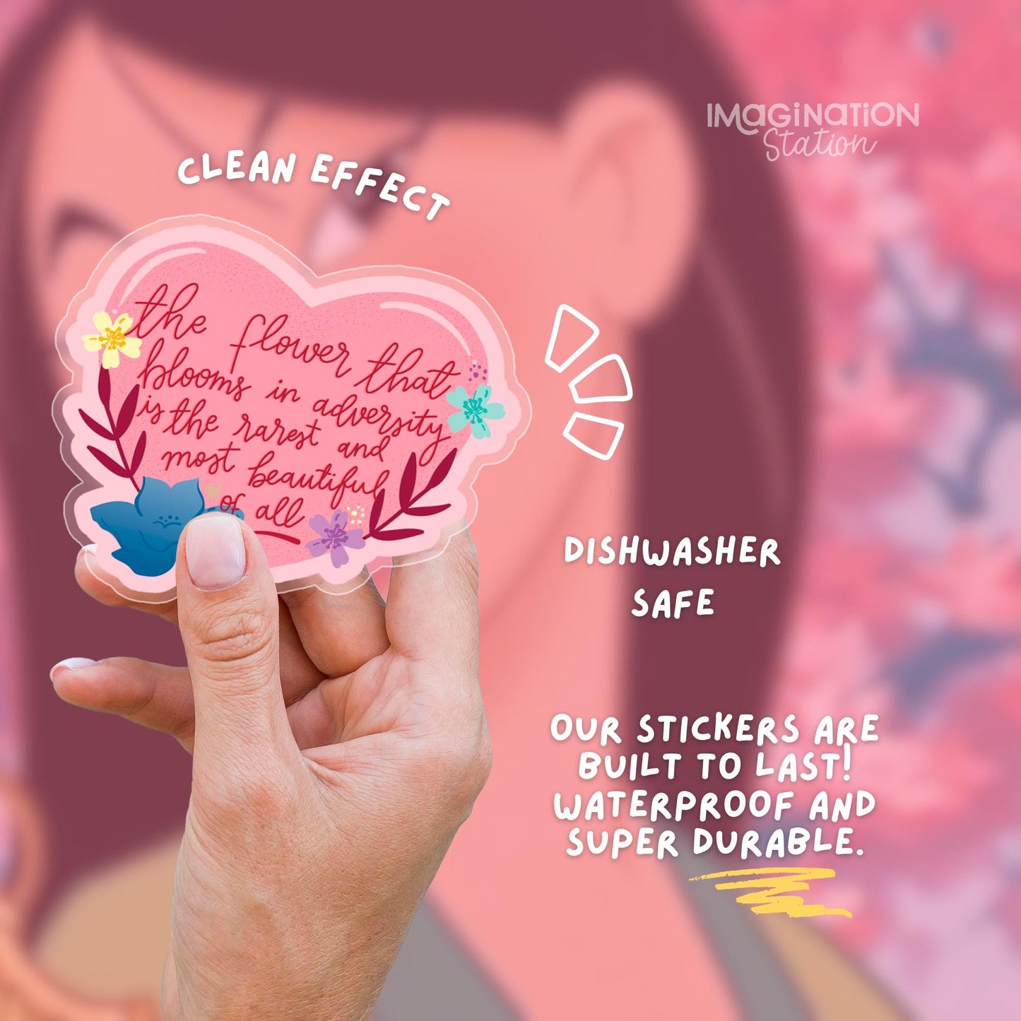 Mulan Flower That Blooms sticker held by hand – transparent glossy Disney quote vinyl decal
