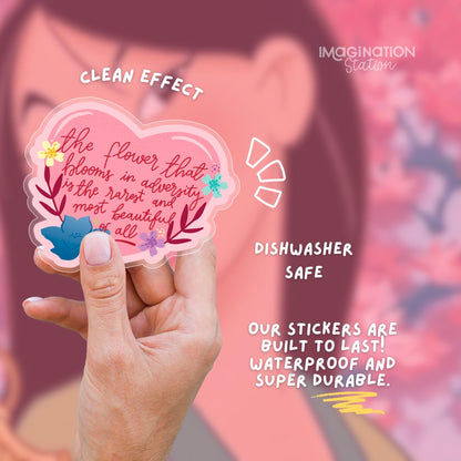 Mulan Flower That Blooms sticker held by hand – transparent glossy Disney quote vinyl decal