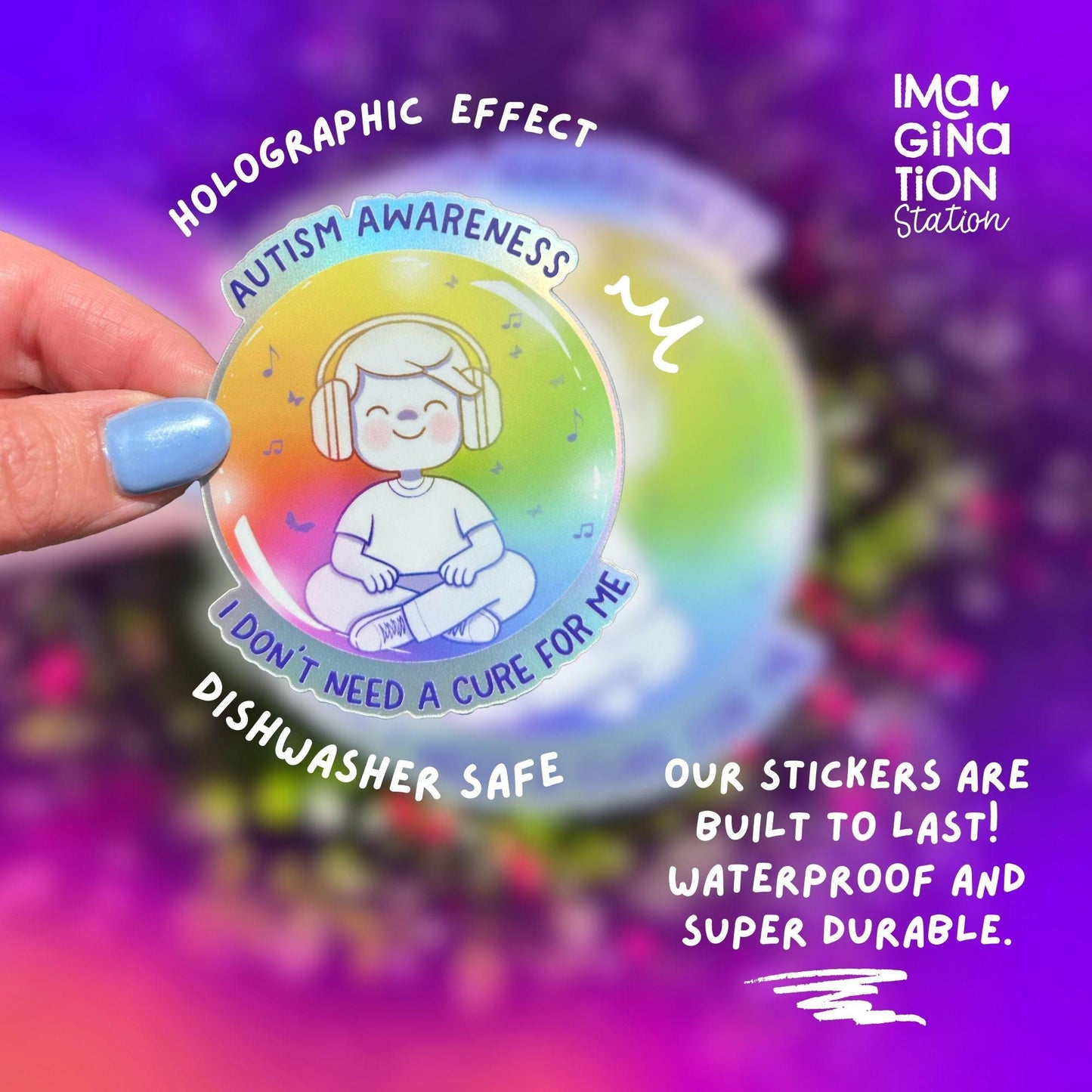 Autism Awareness sticker size reference – 2.4 x 2.9 inch holographic matte waterproof vinyl