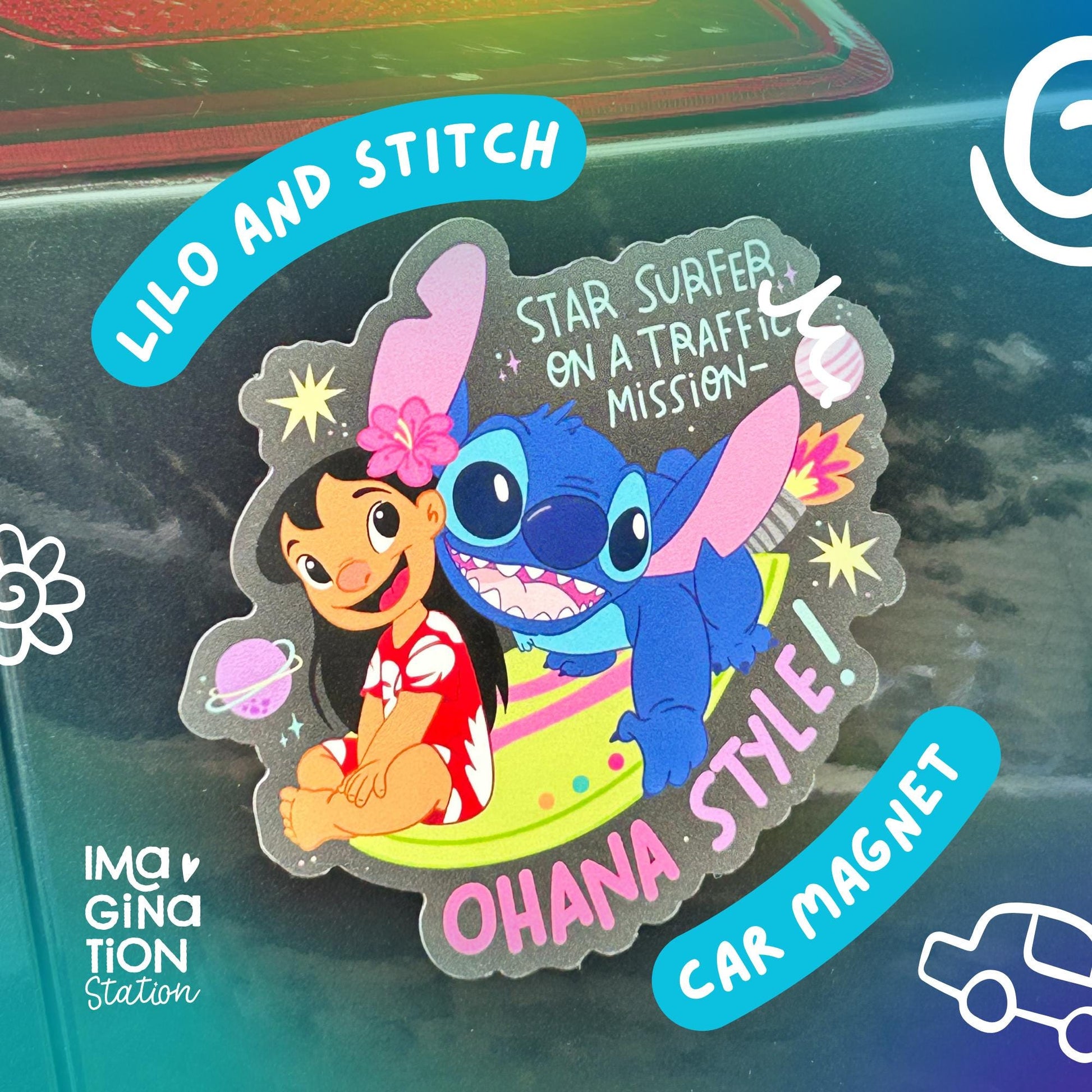 Lilo and Stitch car magnet with text on a car window