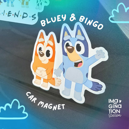 Car magnet featuring Bluey and Bingo with 'Bluey & Bingo' text on a colorful background.