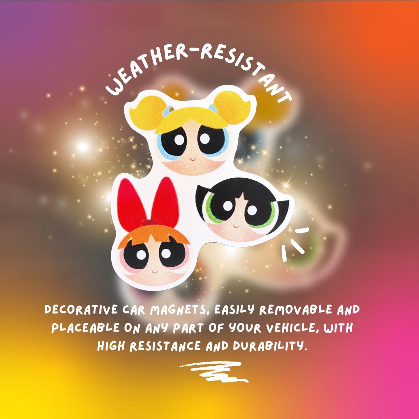 Decorative car magnets with cartoon characters on a colorful background