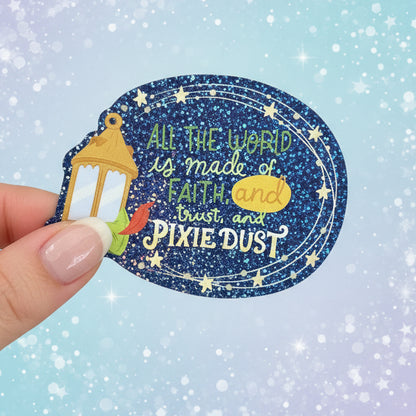 Sticker with fairy tale quote on a colorful background, featuring 'Peter Pan' text.