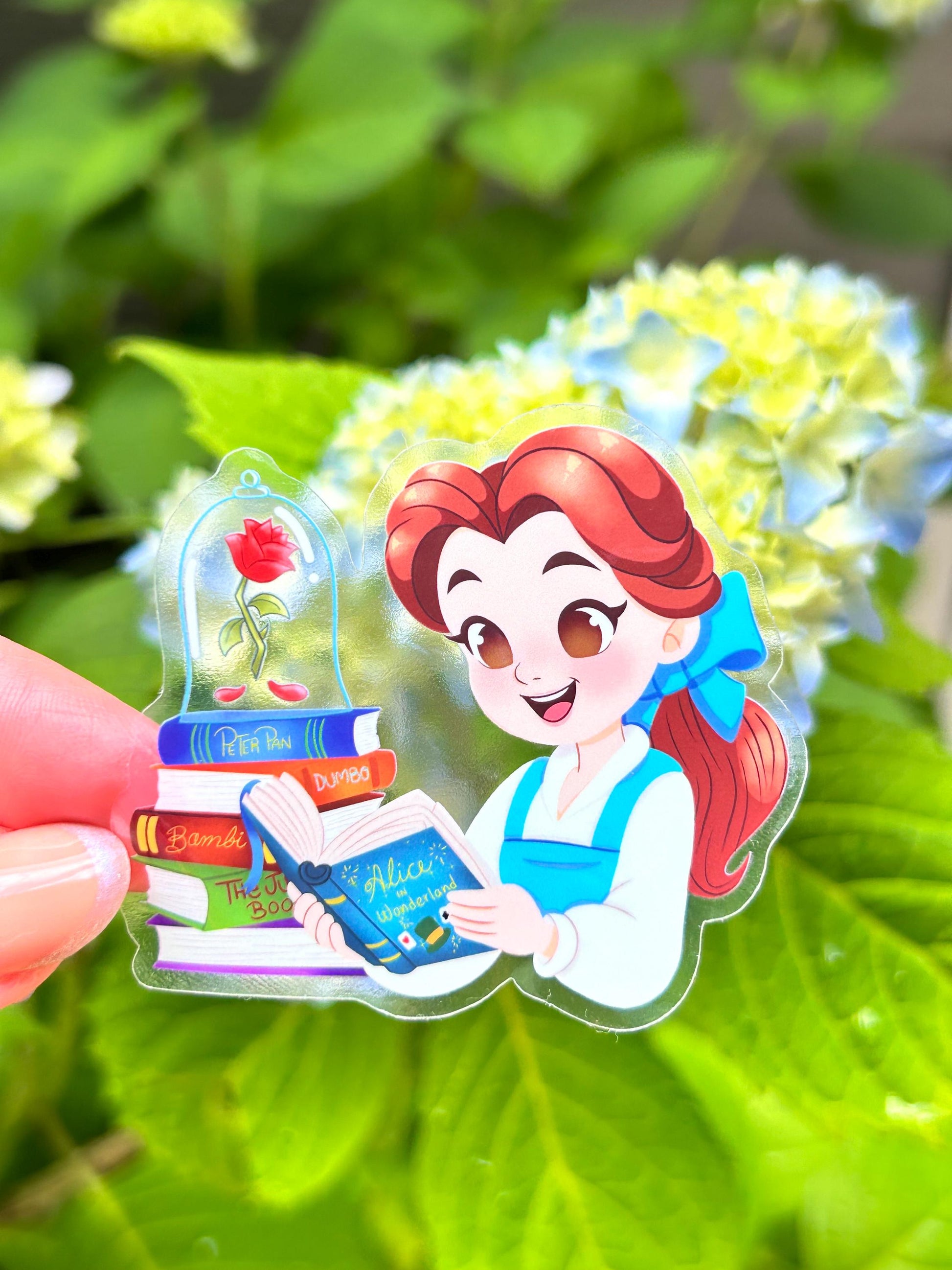 Belle Beauty and the Beast sticker held by hand – 2.5 x 2.2 inch clear glossy Disney vinyl