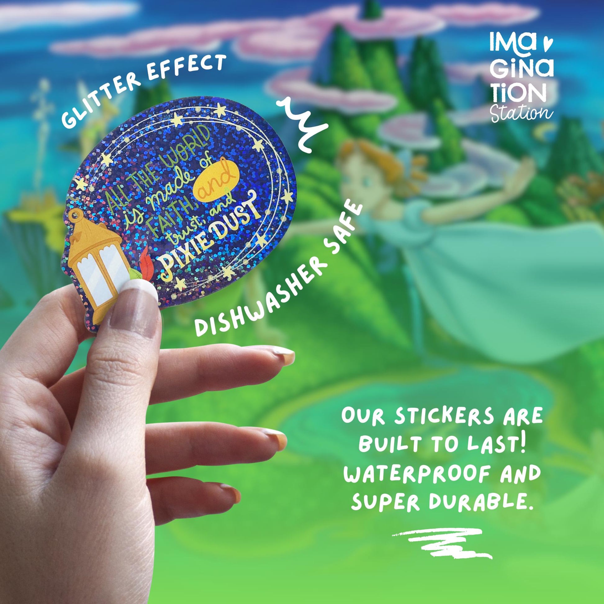 Peter Pan Faith Trust Pixie Dust sticker held by hand – glitter glossy waterproof Disney vinyl