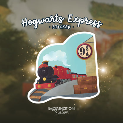 Sticker of Hogwarts Express with a blurred train background, featuring the text 'Hogwarts Express Sticker' and 'Imagination Station'.