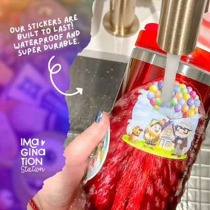 Red bottle with a colorful sticker featuring characters and text about durability, held by a hand.