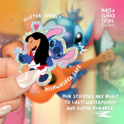 Sticker of a character holding another with text about glitter effect, dishwasher safety, and durability.