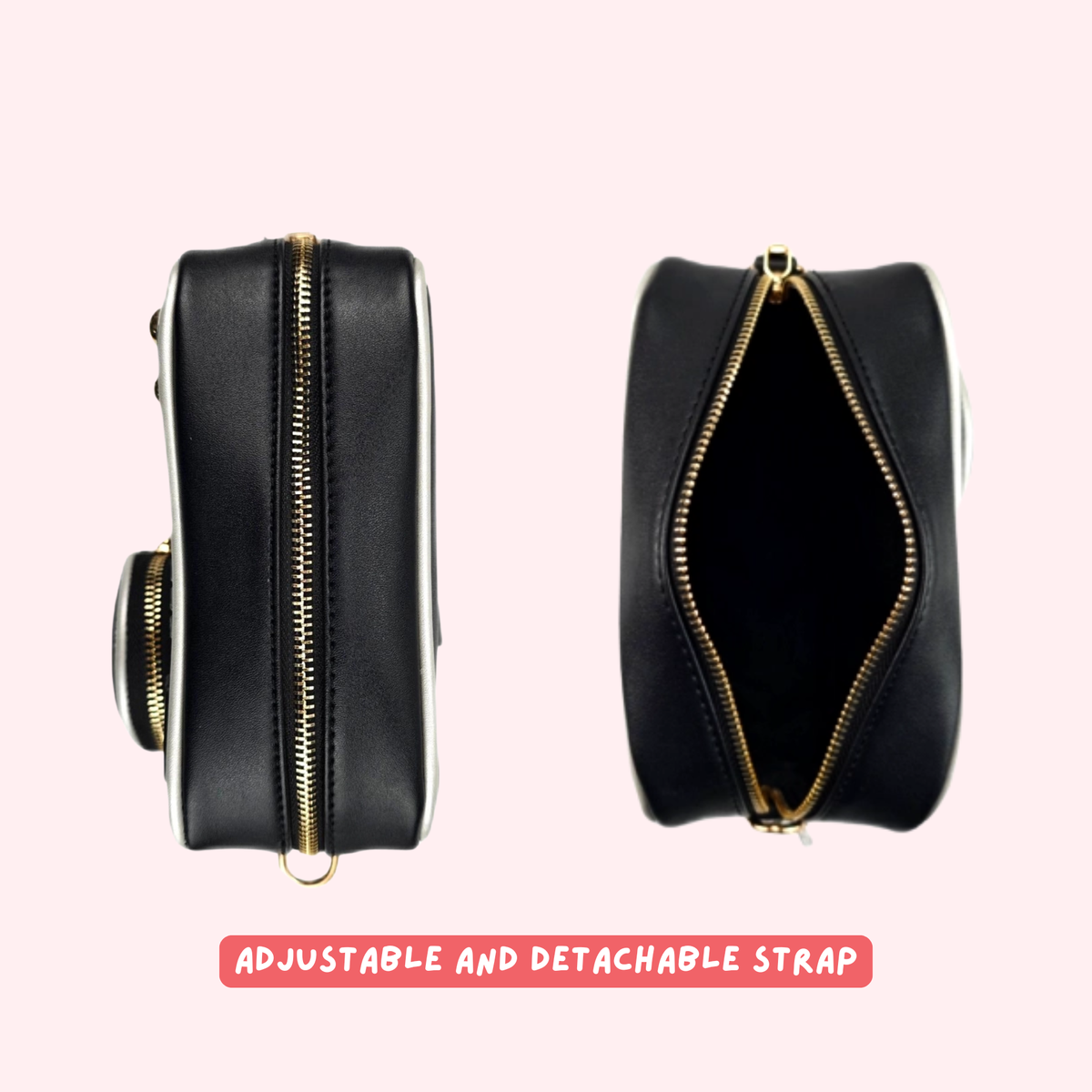 Classic camera bag close up showing lens detail and gold hardware