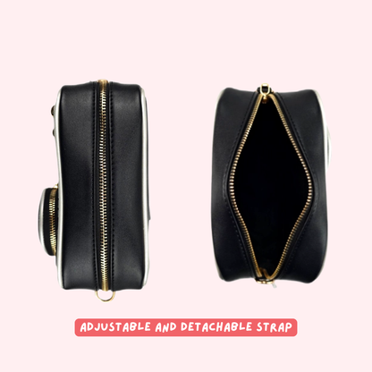 Classic camera bag close up showing lens detail and gold hardware