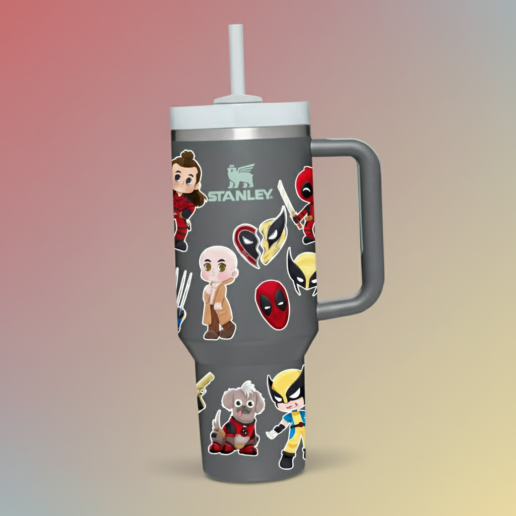 Deadpool 40oz tumbler front view – Maximum effort Marvel Stanley-style bundle