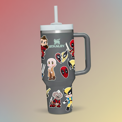 Deadpool 40oz tumbler front view – Maximum effort Marvel Stanley-style bundle