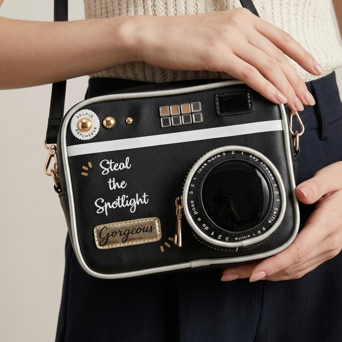 Classic Camera Crossbody Bag – Vintage Novelty Purse with Gold Accents