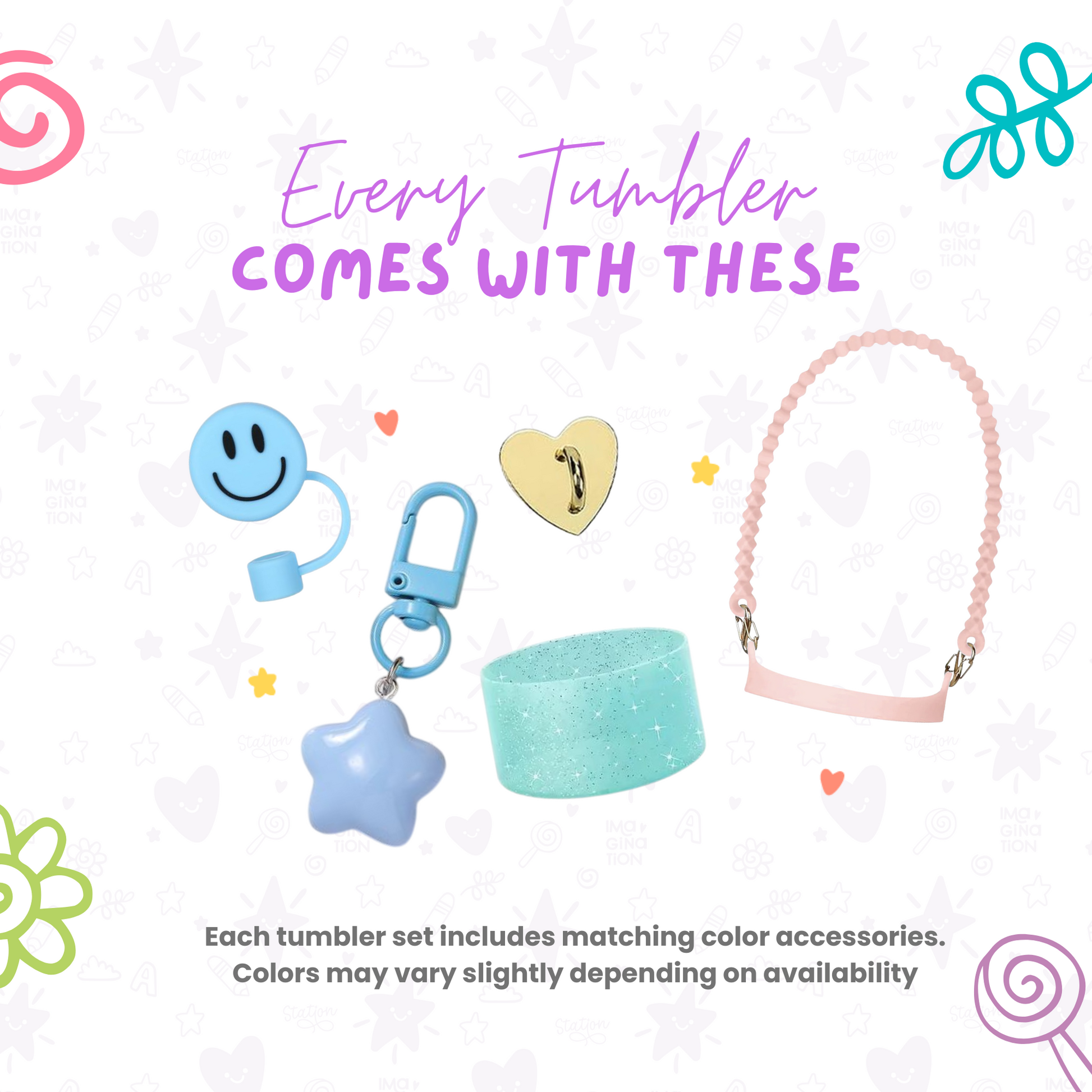 Set of tumblers with matching accessories on a light background