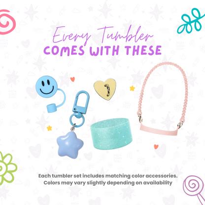 Set of tumblers with matching accessories on a light background