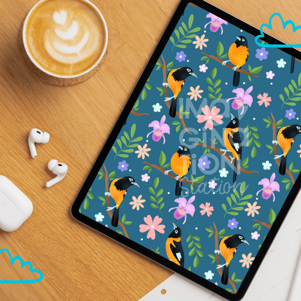 Phone lock screen mockup of Turpial & Blooms hand-illustrated wallpaper