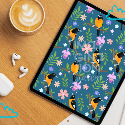 Phone lock screen mockup of Turpial & Blooms hand-illustrated wallpaper