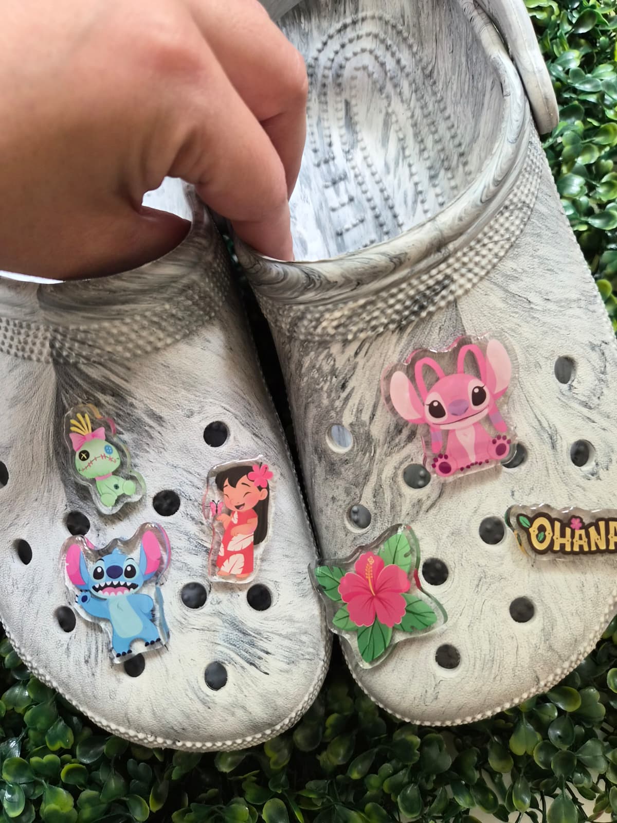 Lilo and Stitch shoe charm set flat lay – Stitch Angel and Ohana acrylic Disney croc charms