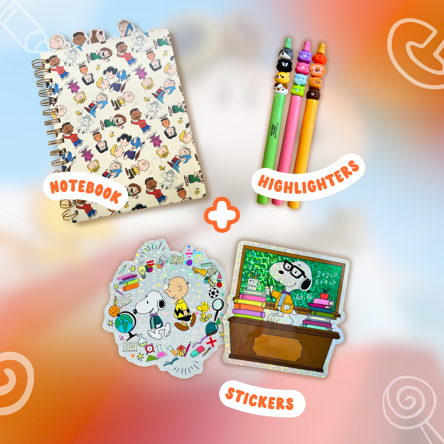 Notebook, highlighters, and stickers with a colorful background