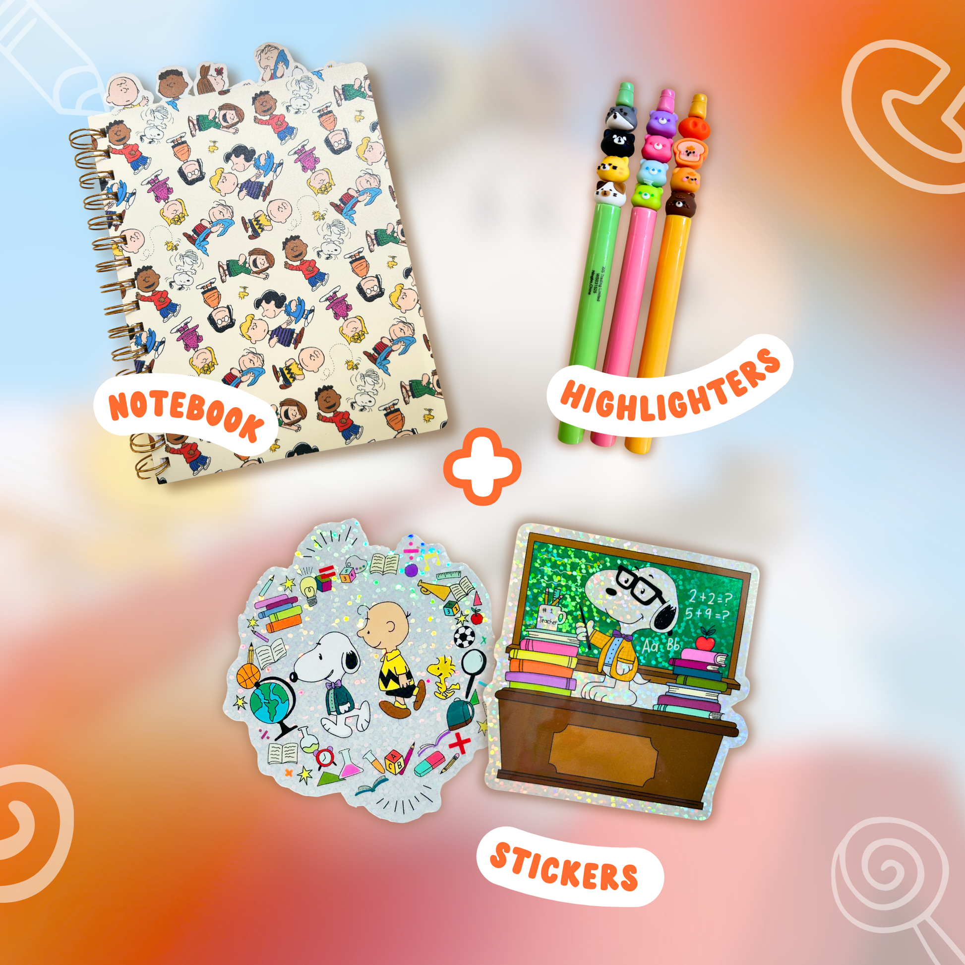 Notebook, highlighters, and stickers with a colorful background