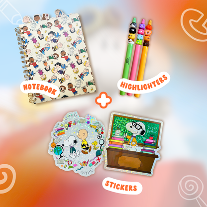 Notebook, highlighters, and stickers with a colorful background