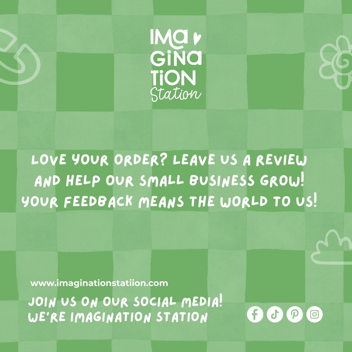 Green checkered background with white text and 'Imagination Station' logo.
