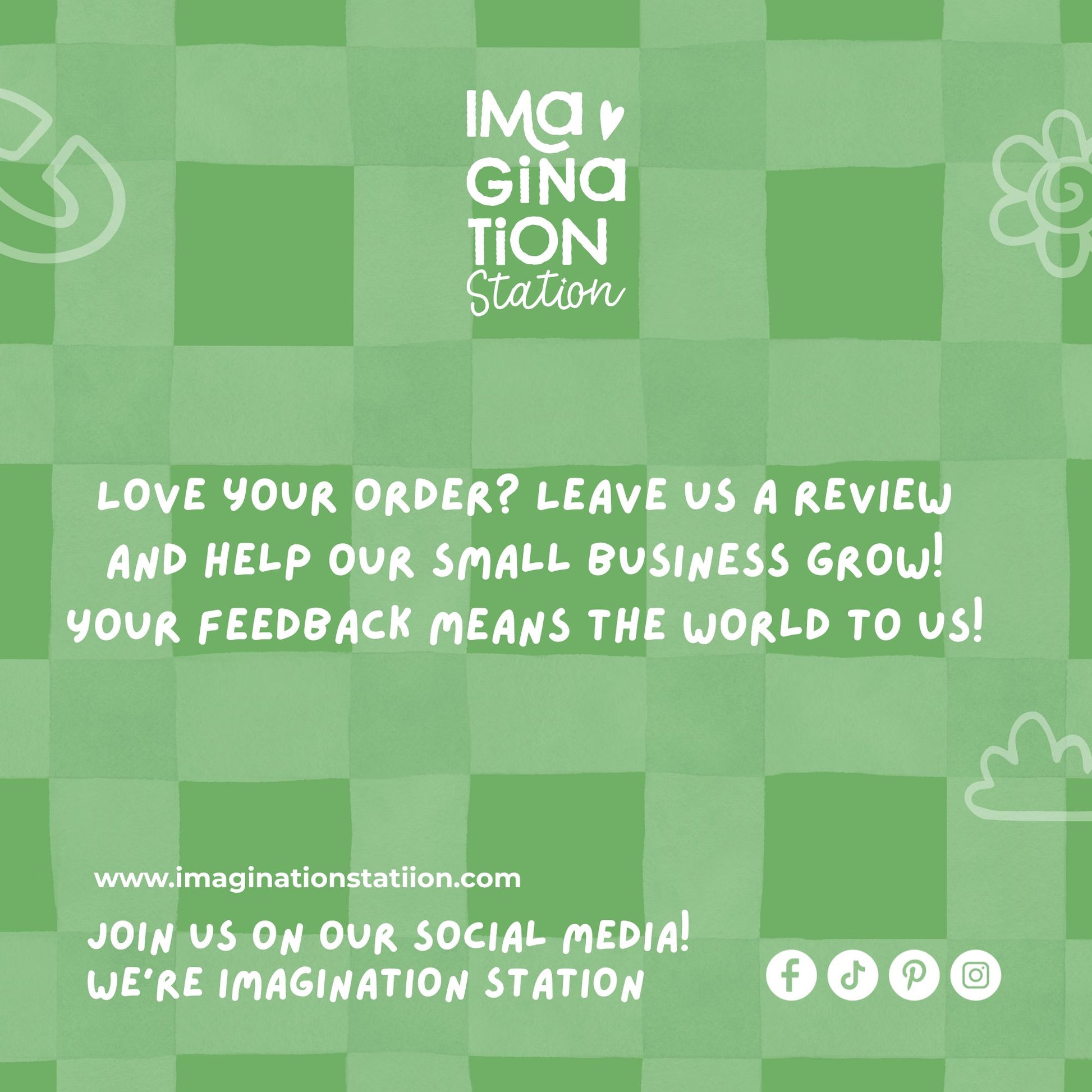 Green checkered background with white text and 'Imagination Station' logo.