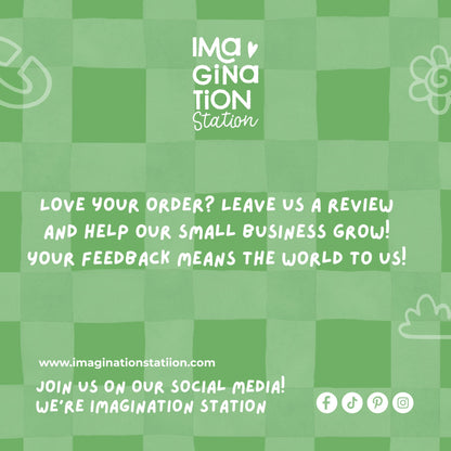 Green checkered background with white text and 'Imagination Station' logo.