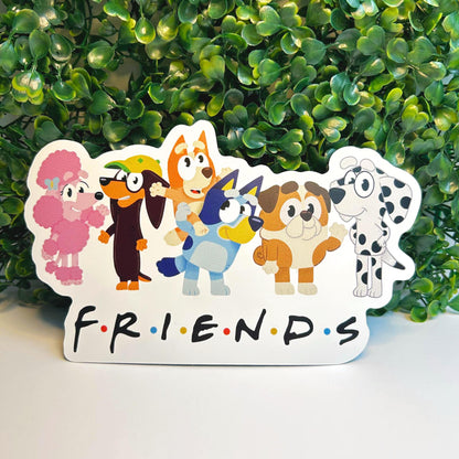 Cartoon dog characters with 'FRIENDS' text against a green leafy background