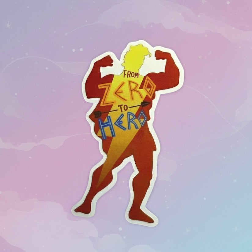 Sticker of a superhero with 'From Zero to Hero' text on a colorful background, labeled 'Hercules Quote Sticker'.