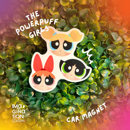 Powerpuff Girls car magnet on a green leafy background with colorful border