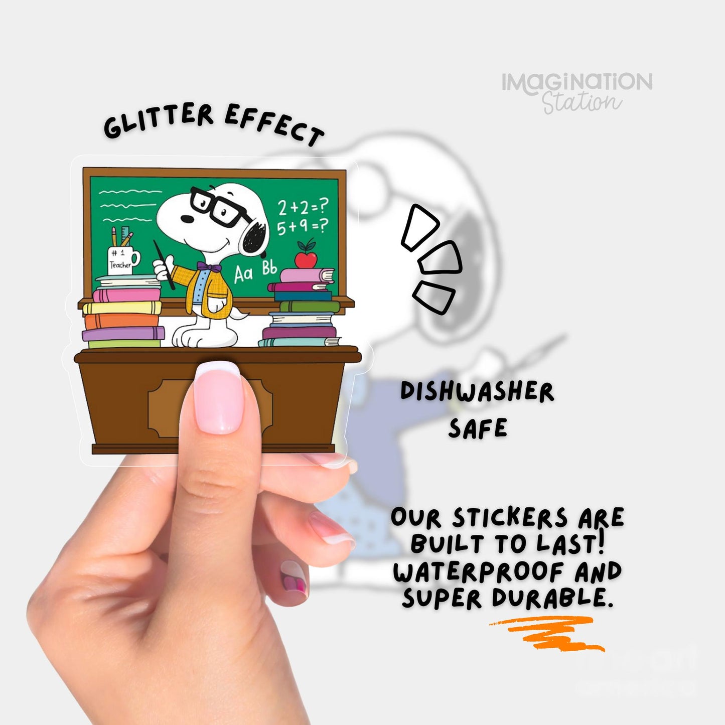 Snoopy teacher sticker held by hand – glitter glossy Charlie Brown waterproof vinyl