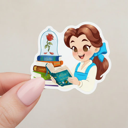 Sticker of Belle from Disney's 'Beauty and the Beast' with a rose and books on a purple background.