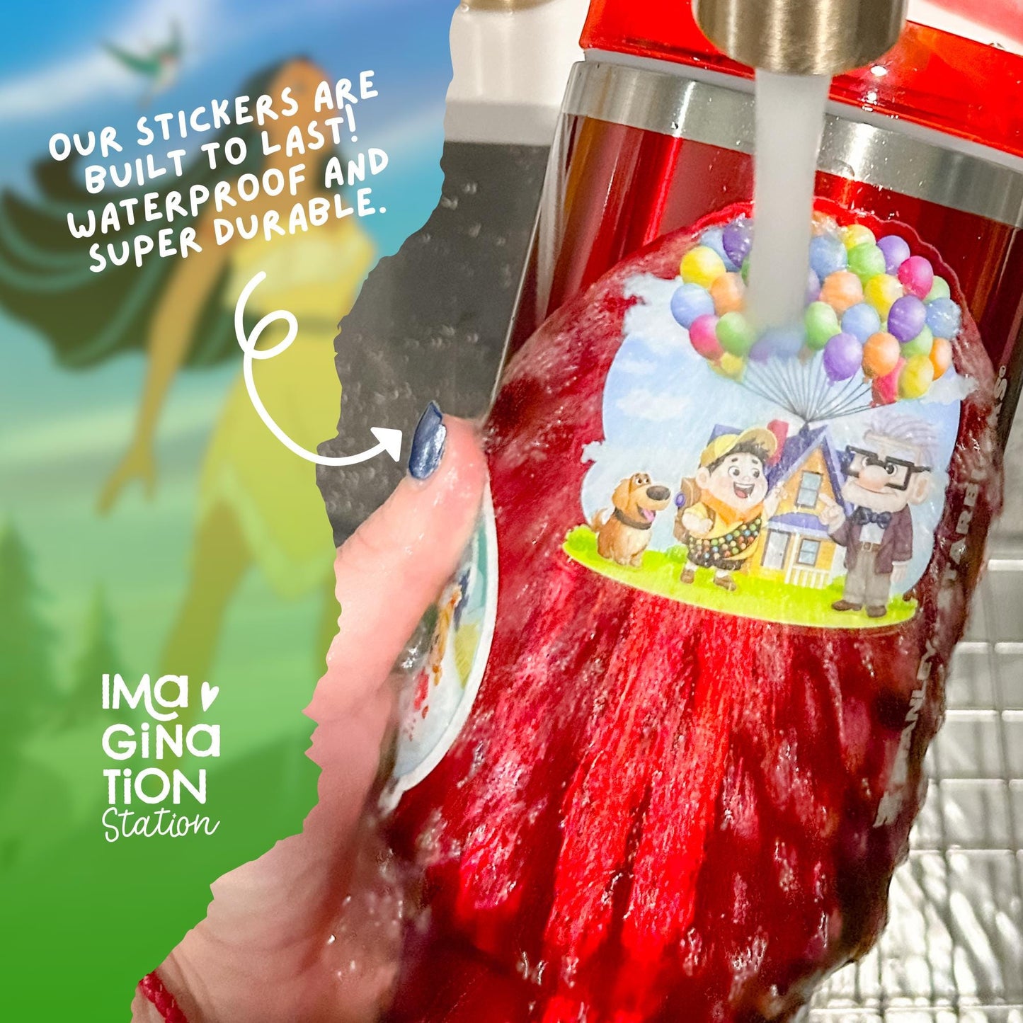 Pocahontas sticker on water bottle – glitter glossy Disney princess nature vinyl decal