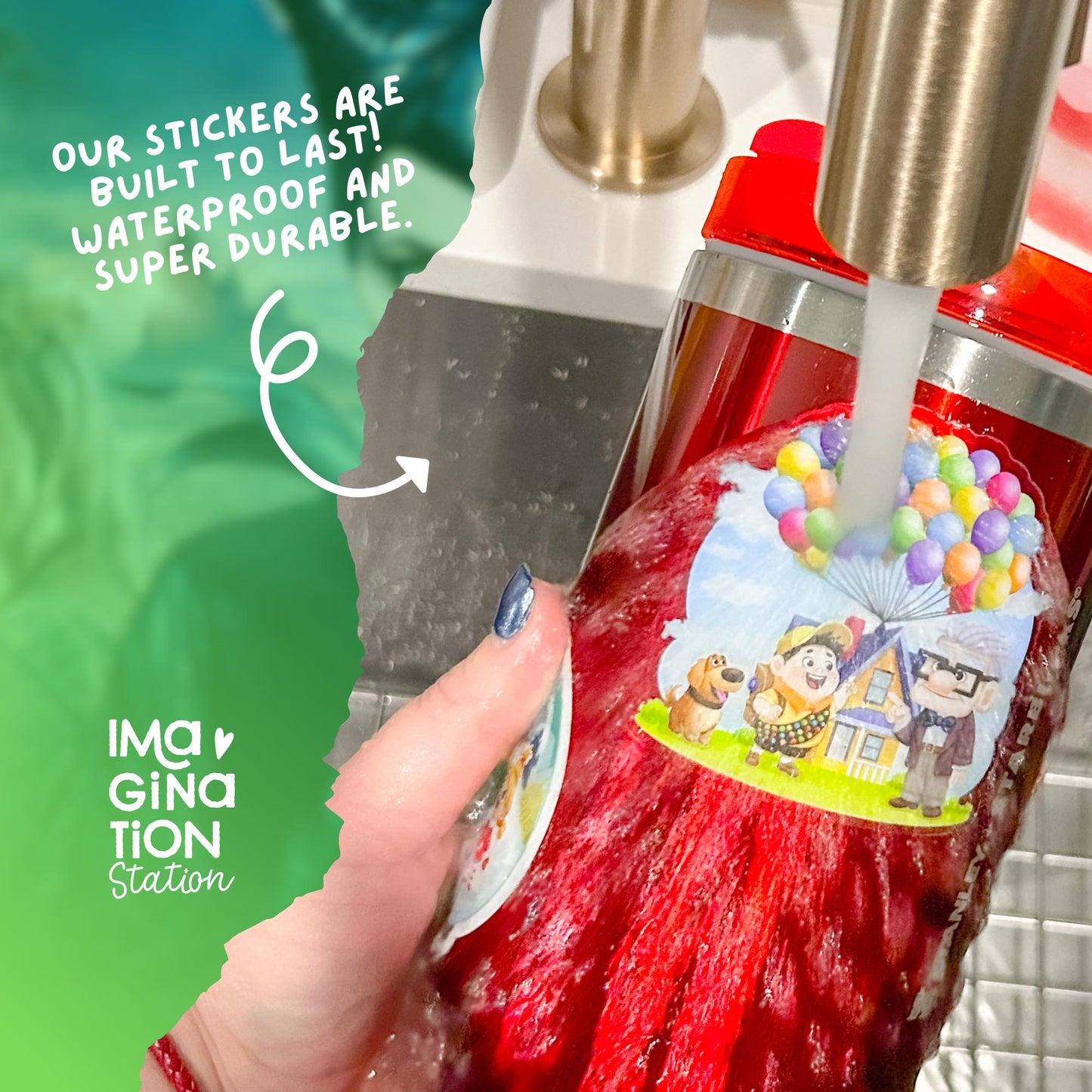 Red soap dispenser with a colorful sticker on a green background, featuring text about durability.