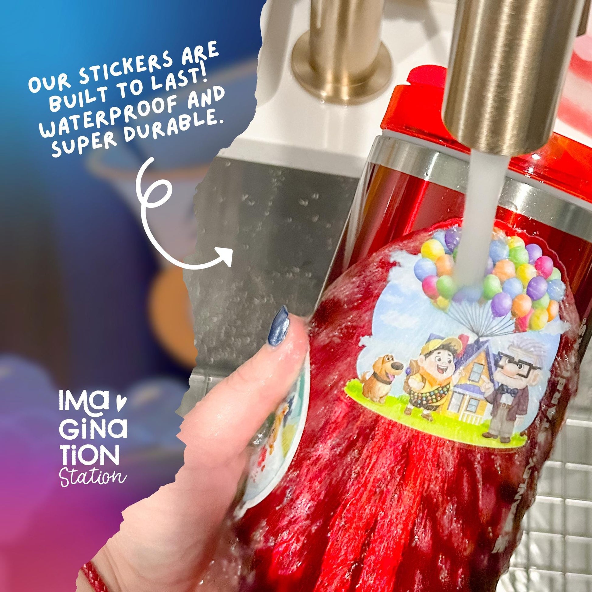 Red bottle with a colorful sticker being held under water, with text about waterproof and durable stickers.