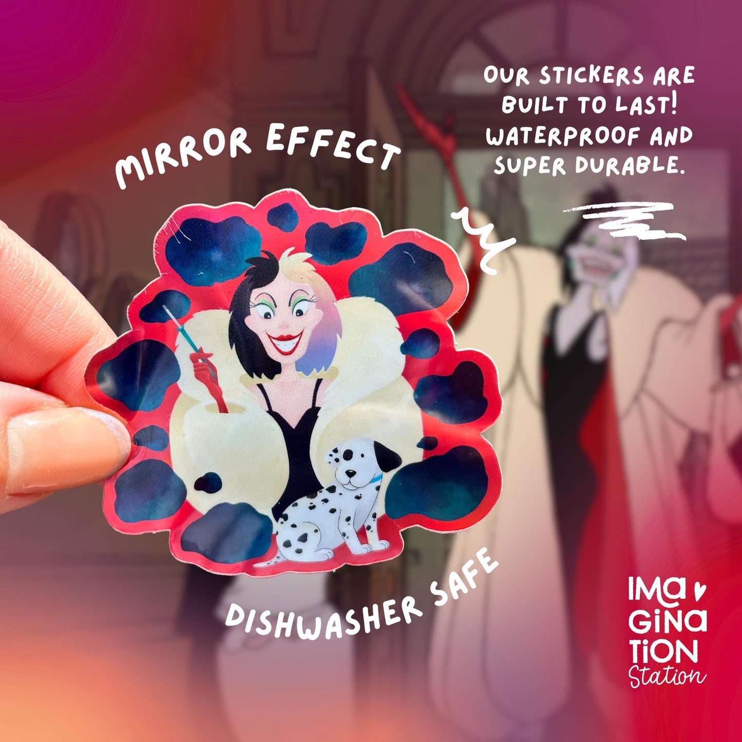 Cruella De Vil 101 Dalmatians holographic sticker held by hand – Disney villain rainbow vinyl