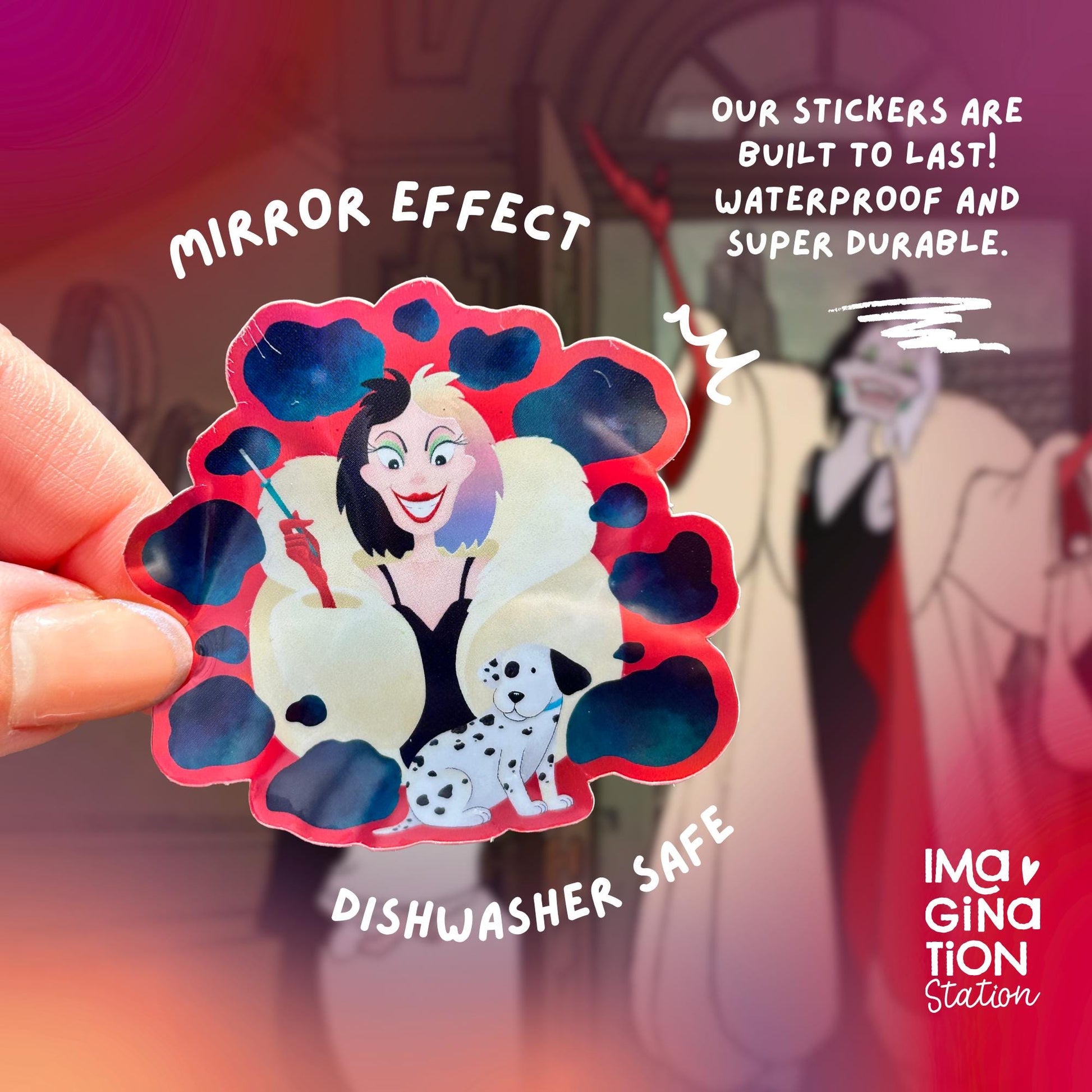 Cruella De Vil 101 Dalmatians holographic sticker held by hand – Disney villain rainbow vinyl