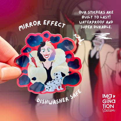 Cruella De Vil 101 Dalmatians holographic sticker held by hand – Disney villain rainbow vinyl