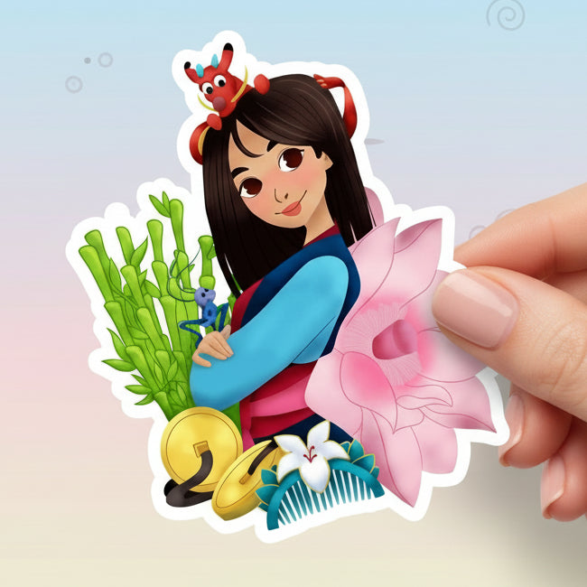 Mulan sticker with a red background featuring the character and 'Imagination Station' branding.
