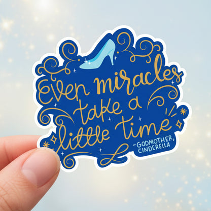 Sticker design with Cinderella quote on a blue background