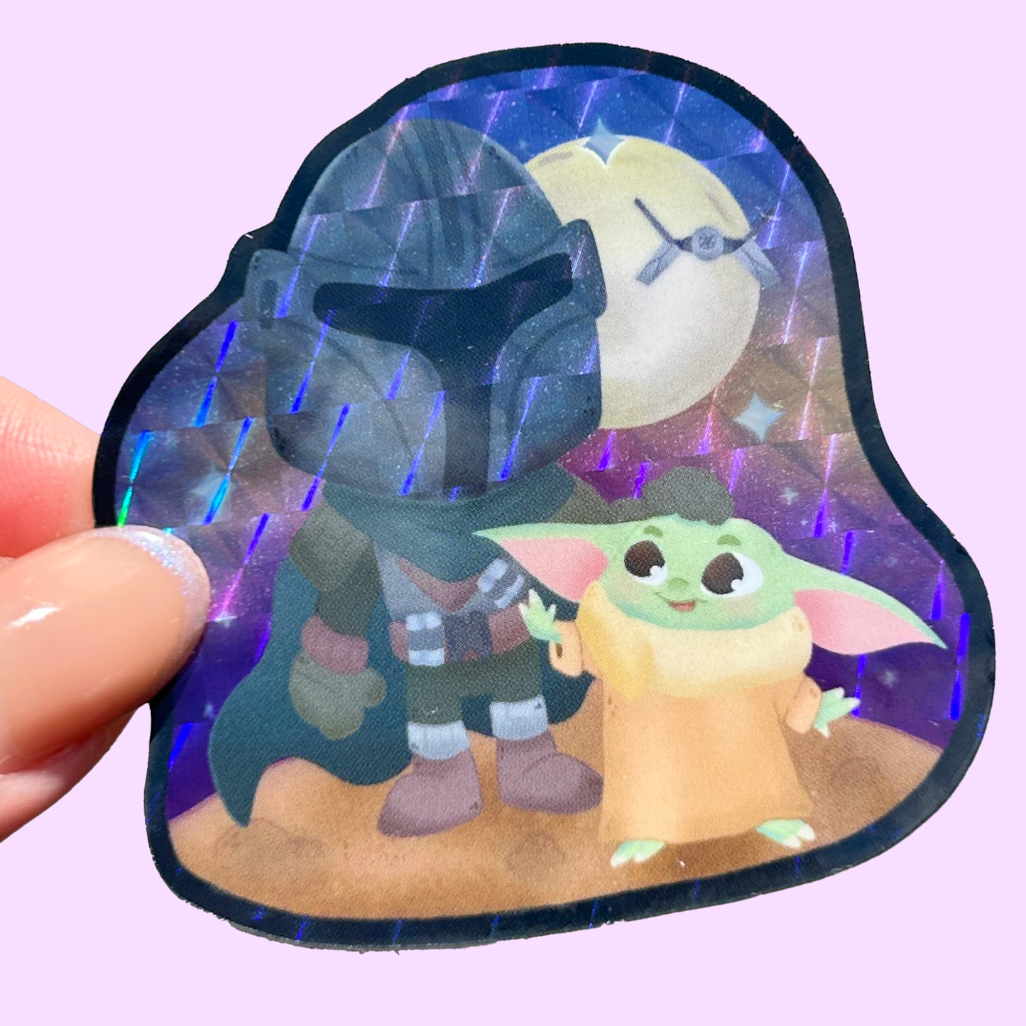 Baby Yoda Grogu Mandalorian prismatic sticker front view – Star Wars Disney glossy vinyl decal