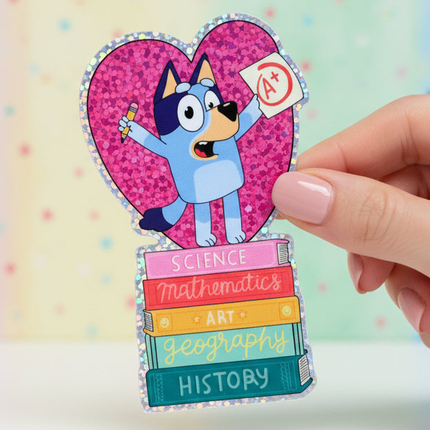Bluey School Sticker with a character on a heart-shaped background, featuring the text 'Bluey School Sticker' and 'Imagination Station'.