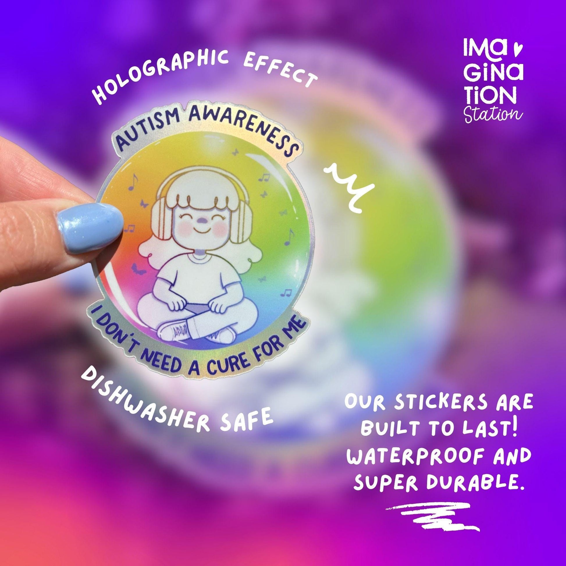 Autism Awareness holographic sticker color shift detail – neurodivergent pride rainbow vinyl