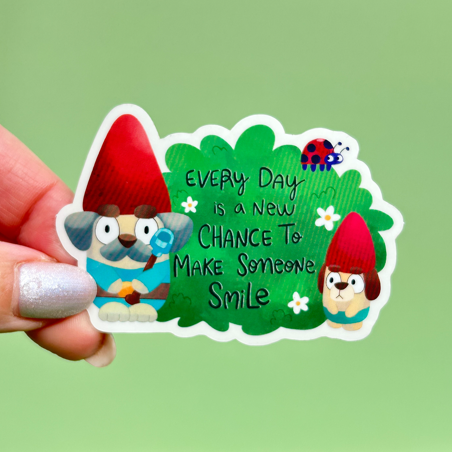 Bluey Gnomes quote sticker held by hand – clear glossy waterproof Disney vinyl decal