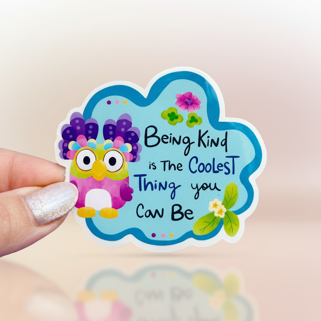 Colorful sticker with owl design and text 'Being Kind is The Coolest Thing you Can Be' held by a hand against a blurred outdoor background.