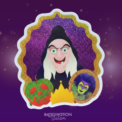 Evil Queen Snow White pixie dust sticker front view – Disney villain glossy waterproof vinyl