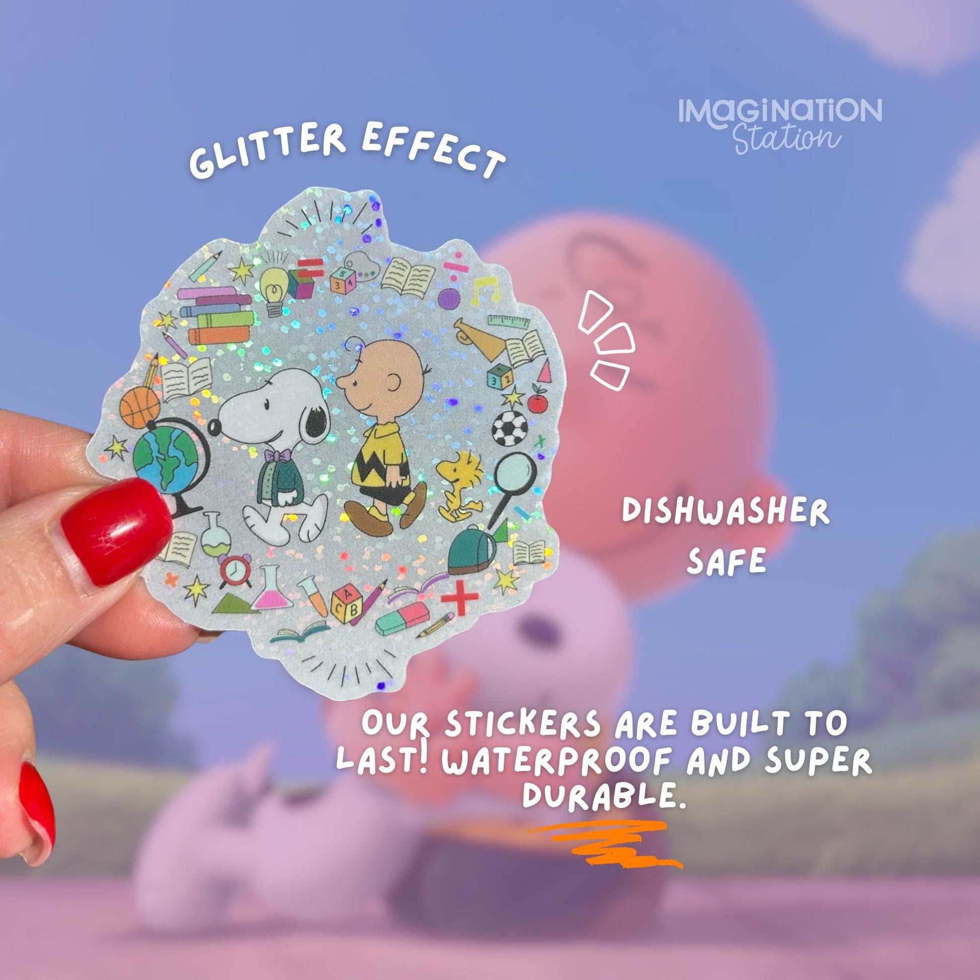 Snoopy Teacher sticker held by hand – glitter glossy waterproof vinyl teacher appreciation decal