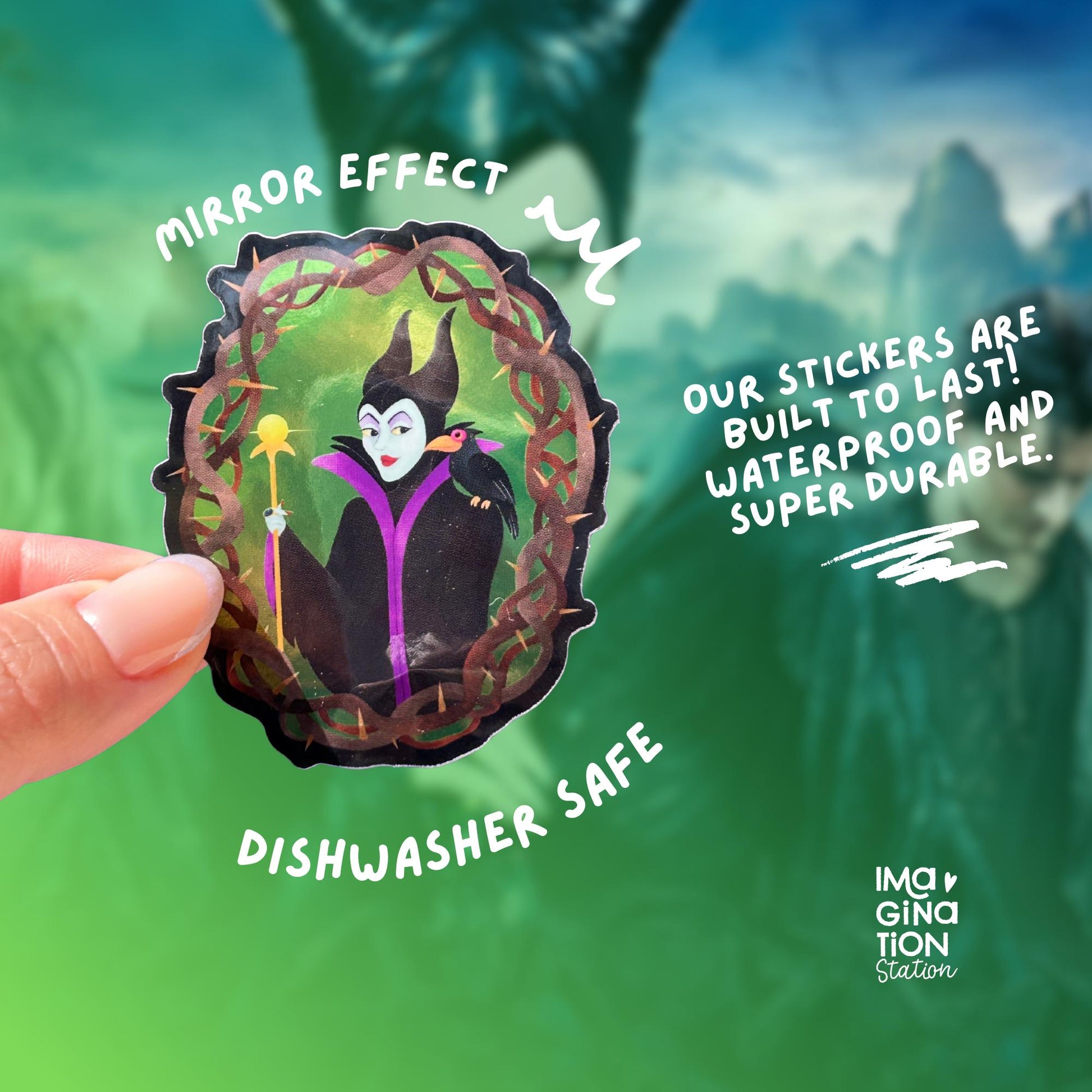 Sticker of a character with text about durability and features, held against a blurred natural background.