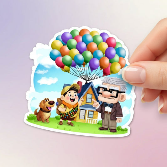 Sticker design with two characters and a dog under colorful balloons, with 'Imagination Station' branding.